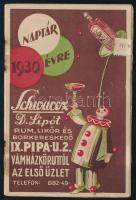 1930 Bp. IX., Schwartz Lipót Pipa utcai italkereskedő reklámnaptára és termékárfüzete, art deco stílusú kartonborítóban, jó állapotban, 7p