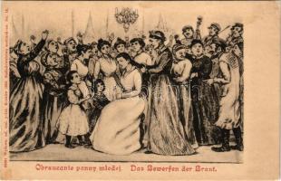 Obrzucanie panny mlodej / Das Bewerfen der Braut / Esküvői jelenet. Lengyel zsidó művészlap, Judaika. Kraków / Polish Jewish art postcard, wedding scene. Judaica (r)