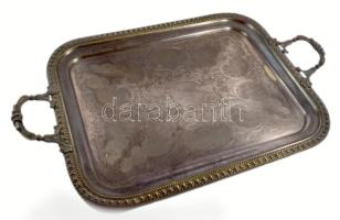 cca 19. sz. vége, Hatalmas méretű szervírozótálca, ezüstözött alpakka, kötegelt formájú fogókkal, pereménél körbefutó szemes és pontos díszítéssel, kopással, 80x50 cm