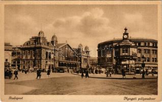 Budapest VI. Nyugati pályaudvar, vasútállomás, villamos, Stühmer, étterem, Pesti Hírlap reklám, bérhintó (EK)