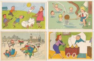 8 db MODERN humoros grafikai művészlap: gyerekek (Képzőművészeti Alap) / 8 modern Hungarian children humour graphic art postcards (1960s)