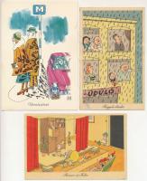 14 db MODERN humoros grafikai művészlap: gyerekek, karikatúra (Képzőművészeti Alap) / 14 modern Hungarian humour graphic art postcards (1960s)