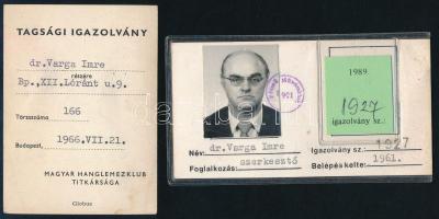 1966-1989 dr. Varga Imre (1919-1989) nevére kiállított 2 db igazolvány