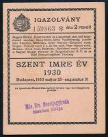 1930 Bp., Szent Imre év vasúti kedvezményre jogosító igazolvány
