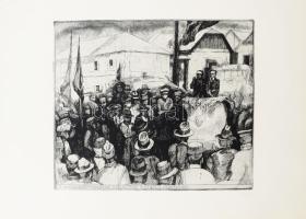 Barczi Pál (1933-2003): A Tanácsköztársaság kikiáltása, Kun Béla Miskolcon. Rézkarc, papír, jelzett, 29×35 cm