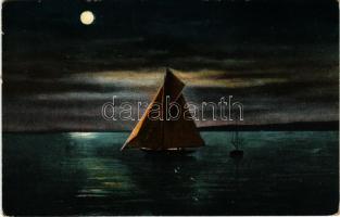 1917 Balaton, holdvilágos est, vitorlás hajó (EK)