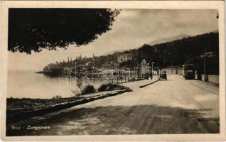 1929 Icici (Abbazia, Opatija), Lungomare. Maurizio Loevi / parti sétány, automobil, villamos / seaside, automobile, tram (EK)