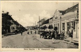 Magyarkanizsa, Ókanizsa, Ó-Kanizsa, Stara Kanjiza; Kr. Aleksandra ulica / utca, üzletek, automobil. Lederer Manó kiadása / street, shops, automobile (EK)