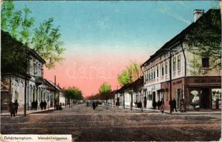 Fehértemplom, Ung. Weisskirchen, Bela Crkva; Vendelin utca, Milan Jovanovits üzlete, Ruzsicska szálloda / Wendelini Gasse. Verlag P. Kuhn / street view, hotel, shop (fa)