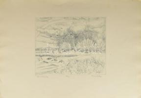 Varga Mátyás (1910-2002): Téli szivárvány. Rézkarc, papír, jelzett, számozott (77/100). Hátoldalán Rézkarcoló Művészek Alkotóközössége bélyegzésével. 24×29,5 cm.