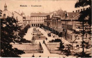 1915 Miskolc, Erzsébet tér. Vasúti levelezőlapárusítás 3087. + "KIRÁLYHÁZA - MISKOLCZ - BUDAPEST 33 A" vasúti mozgóposta bélyegző