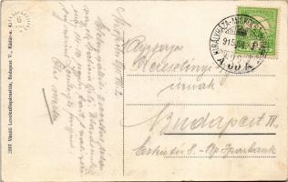 1915 Miskolc, Erzsébet tér. Vasúti levelezőlapárusítás 3087. + "KIRÁLYHÁZA - MISKOLCZ - BUDAPES...