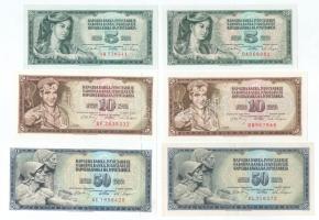 Jugoszlávia 1968. 5D (2xklf: "AH" Barokk sorszámmal + "DA" Serif sorszámmal) + 10D (2xklf: "AP" fémszállal, 7 számjegyű sorszámmal + "BM" fémszál nélkül, 6 számjegyű sorszámmal) + 50D (2xklf: "AE" fémszállal, 7 számjegyű sorszámmal + "KL" fémszál nélkül, 6 számjegyű sorszámmal) T:AU, közte egy VF Yugoslavia 1968. 5 Dinara (2xdiff: "AH" Baroque numeral + "DA" Serif numeral) + 10 Dinara (2xdiff: "AP" with security thread and 7 digit numeral + "BM" without security thread and 6 digit numeral) + 50 Dinara (2xdiff: "AE" with security thread and 7 digit numeral + "KL" without security thread and 6 digit numeral) C:AU, including an VF Krause P#81a, P#81b, P#82b, P#82c, P#83b, P#83c
