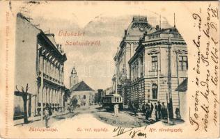 1903 Szatmárnémeti, Szatmár, Satu Mare; Rákóczi utca, Református templom, Kir. törvényszék, villamos. Weisz Izsák kiadása / street view, Calvinist church, court, tram (r)