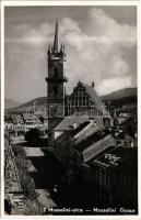 Beszterce, Bistritz, Bistrita; Mussolini utca, evangélikus templom / street view, Lutheran church (ferdén vágott / slant cut)