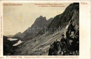 Tátra, Magas-Tátra, Vysoké Tatry; Kis-Tarpataki völgy, Jégvölgyi csúcs megmászása és kilátás a Középorom felé, hegymászók felszereléssel. Feitzinger Ede kiadása 1902/12. 842./ Klein-Kohlbachthal / valley, mountain hikers with equipment