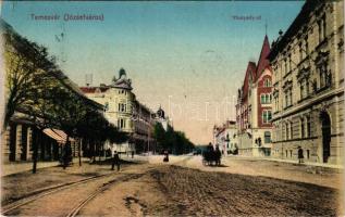 1911 Temesvár, Timisoara; Józsefváros, Hunyadi út / Iosefin, street view + "SZÁSZRÉGEN - SZÉKELYKOCSÁRD 129" vasúti mozgóposta bélyegző (EK)