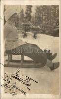 1911 Tátralomnic, Tatranská Lomnica (Magas-Tátra, Vysoké Tatry); "Mártha", hölgy szánkón, télen / lady with sleigh, sledding, winter sport. photo (gyűrődések / creases)