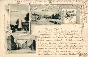 1899 Kassa, Kosice; Rank Herlány ránkfüredi szökőkút, Fő utca, Kossuth Lajos utca. Edgar Schmidt kiadása / streets, Herlany fountain. Art Nouveau, floral (EK)