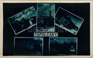1939 Nagytapolcsány, Topolcany; Kálvária, templom, autóbuszok / multi-view postcard with calvary, church, autobuses