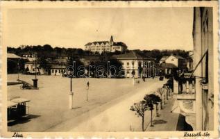 Léva, Levice; Kossuth tér, Országzászló, Állami tanítóképző / square, Hungarian flag, teachers' training institute (fl)