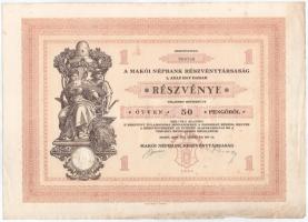 1929. Makó "Makói Népbank Részvénytársaság" részvénye 50P-ről, szelvényekkel, szárazpecsét...