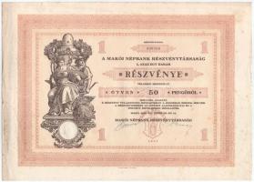 1929. Makó "Makói Népbank Részvénytársaság" részvénye 50P-ről, szelvényekkel, szárazpecsét...
