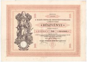 1929. Makó "Makói Népbank Részvénytársaság" részvénye 50P-ről, szelvényekkel, szárazpecsét...