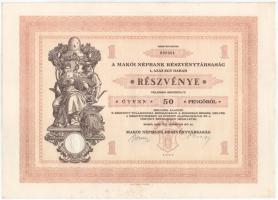 1929. Makó "Makói Népbank Részvénytársaság" részvénye 50P-ről, szelvényekkel, szárazpecsét...