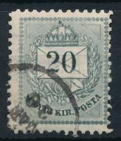 1881 Színesszámú 20kr 11 1/2 fogazással kivágáson, vésetjavítás a jobb alsó háromszögben és a gyöngysorban