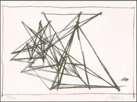 Megyik János (1938-): Konstrukció (cím nélkül). Szitanyomat, papír. Jelzett. Számozott: 35/100. Az 1991-ben megjelent Gépeltérítés-Képelterítés mappából (Magyar Műhely, Párizs). 27x39 cm