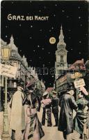 Graz (Steiermark), bei Nacht / at night in moonlight montage with love couples. Albin Sussitz Postkartenverlag (worn corners)