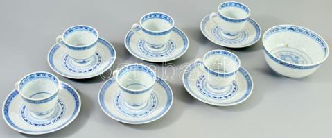 Kínai rizsszemes 6 darab csésze alátéttel, és egy leveses tál, d: 12 cm