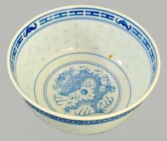 Kínai rizsszemes 6 darab csésze alátéttel, és egy leveses tál, d: 12 cm