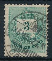 1881 Színesszámú 3kr 12 : 11 1/2 fogazással, a bal alsó gyöngysor hiányos, karcok a boríték rajzolatban