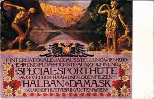 Wien, Vienna, Bécs; I. Internationale Jagdausstellung Wien 1910. Ehrendiplom: höchste Auszeichnung Special-Sporthüte Halban &amp; Damask K.u.K. Hofhutfabrikanten / The First International Hunting Exposition in Vienna. Honorary diploma, highest award winning sports hats advertisement art postcard (EK)
