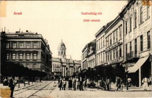 Arad, Szabadság tér, déli részlet, üzletek. Kerpel Izsó kiadása / street, shops (ragasztónyomok / glue marks)