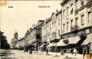 Arad, Andrássy tér, Kilényi, Weinberger János, Singer Sándor, Guttmann és Berger és Grallert J. és fia üzlete, Lengyel Lőrinc bútorraktára, Hajós Árpád gyógyszertára, Fogorvosi és fogtechnikai rendelőintézet, Dr. G. Graur Victor fogorvos / square, shops, pharmacy, dentistry (ragasztónyomok / glue marks)