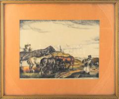 Udvary Pál (1900-1987): Abrakolás (lovak). Színezett rézkarc, papír, jelzett, üvegezett fakeretben, 28x38,5 cm