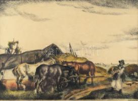 Udvary Pál (1900-1987): Abrakolás (lovak). Színezett rézkarc, papír, jelzett, üvegezett fakeretben, ...