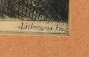 Udvary Pál (1900-1987): Abrakolás (lovak). Színezett rézkarc, papír, jelzett, üvegezett fakeretben, ...