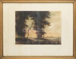 Paulovits Pál (1892-1975): Keresztútnál. Színezett rézkarc, papír, jelzett. Üvegezett fakeretben, lapszéli ázásnyomokkal, 26×35 cm.