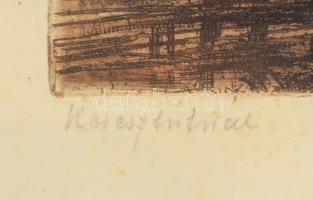 Paulovits Pál (1892-1975): Keresztútnál. Színezett rézkarc, papír, jelzett. Üvegezett fakeretben, la...