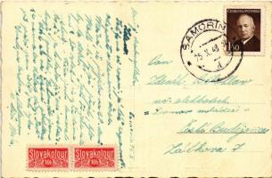 1948 Somorja, Csallóköz-Somorja, Somorin, Samorín; vasútállomás, Hosszú és Városház utca, Hitelszöve...