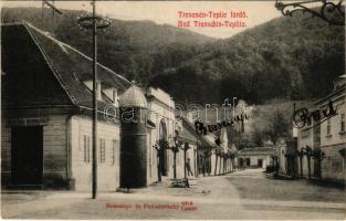 Trencsénteplic-fürdő, Kúpele Trencianske Teplice; Bossányi és Poniatovszky utca, könyvnyomda. Wertheim Zsigmond kiadása / street, book publishing house (EK)