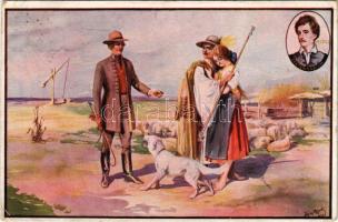 1923 Petőfi Centenárium: Alku. Bodócs L. Írók gondolatainak reprodukálására mintaszabad.: 33838/922 / / Hungarian folklore art postcard. Edition of the Petőfi Academy s: Fejes Gy. (gyűrődések / creases)