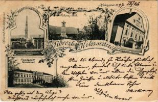 1897 Kolozsvár, Cluj; Honvéd vértanúk emléke, Rákóczi emlékmű, Nemzeti színház, Gazdasági tanintézet. Kováts P. Fiai kiadása / Hungarian military monument, national theatre, farmer school. Art Nouveau, floral (EK)