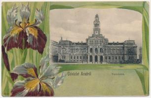 Arad, Városháza. Réthy L. és Fia kiadása, szecessziós-virágos litho keret / town hall. Art Nouveau, floral, litho frame (EK)