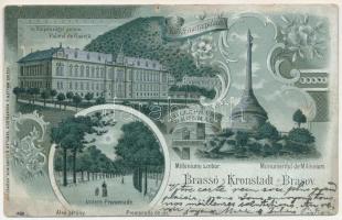 1902 Brassó, Kronstadt, Brasov; M. kir. pénzügyi palota, Millenniumi emlékmű, Alsó sétány. Julius Müller utóda Tartler &amp; Schreiber kiadása, szecessziós-virágos litho / K.u.K. Finanzpalais, Millenniums-Denkmal, Untere Promenade / Palatul de finanta, Monumentul de Millenium, Promenada de jos / financial palace, Hungarian Millennium monument, promenade. Art Nouveau, floral, litho (b)