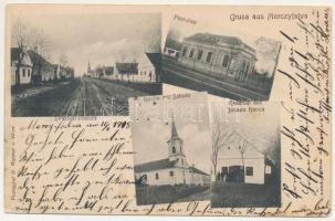 Mercyfalva, Merczyfalva, Merczifalva, Carani, Mertisoara; Strassen-Ansicht, Postamt, Kirche mit Schule, Geschäft des Johann Kirsch / utca, postahivatal, templom és iskola, Johann Kirsch üzlete / street view, post office, church and school, shop of Kirsch. Photogr. G. Richter (Wien) (EK)